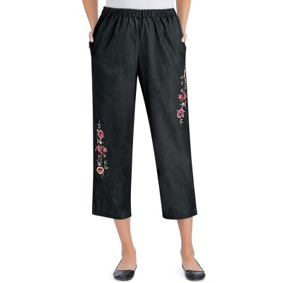 Collections Etc Floral Embroidered Denim Pull on Capri Pants Large Black Female Target