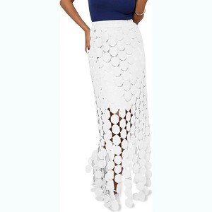 Women's Summer Boho Skirt: High Waisted Long Maxi Skirt with Elegant Hollow Out and Fringe Hem White - 1 of 4