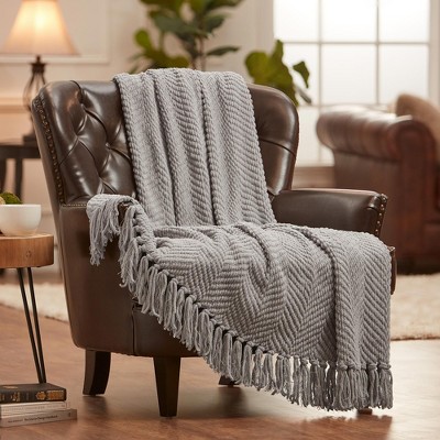 Silver Knitted Throw Blanket with Tassels, 50" x 65"