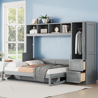 YOOCOZZ Murphy Bed with Top Shelves, Side Wardrobe and 2 Storage Drawers