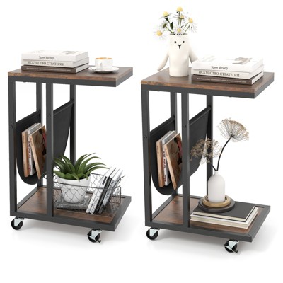 Tangkula 2-tier Side Table C-shaped Bedside Table with Storage Pocket Lockable Casters