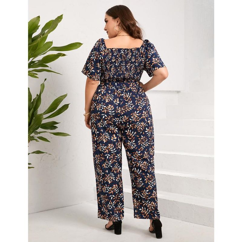 Whizmax Plus Size Casual Jumpsuits for Women Outfits Tie Belt Bell Sleeve Smocked Beach Wide Leg Floral Jumpsuits, 4 of 6