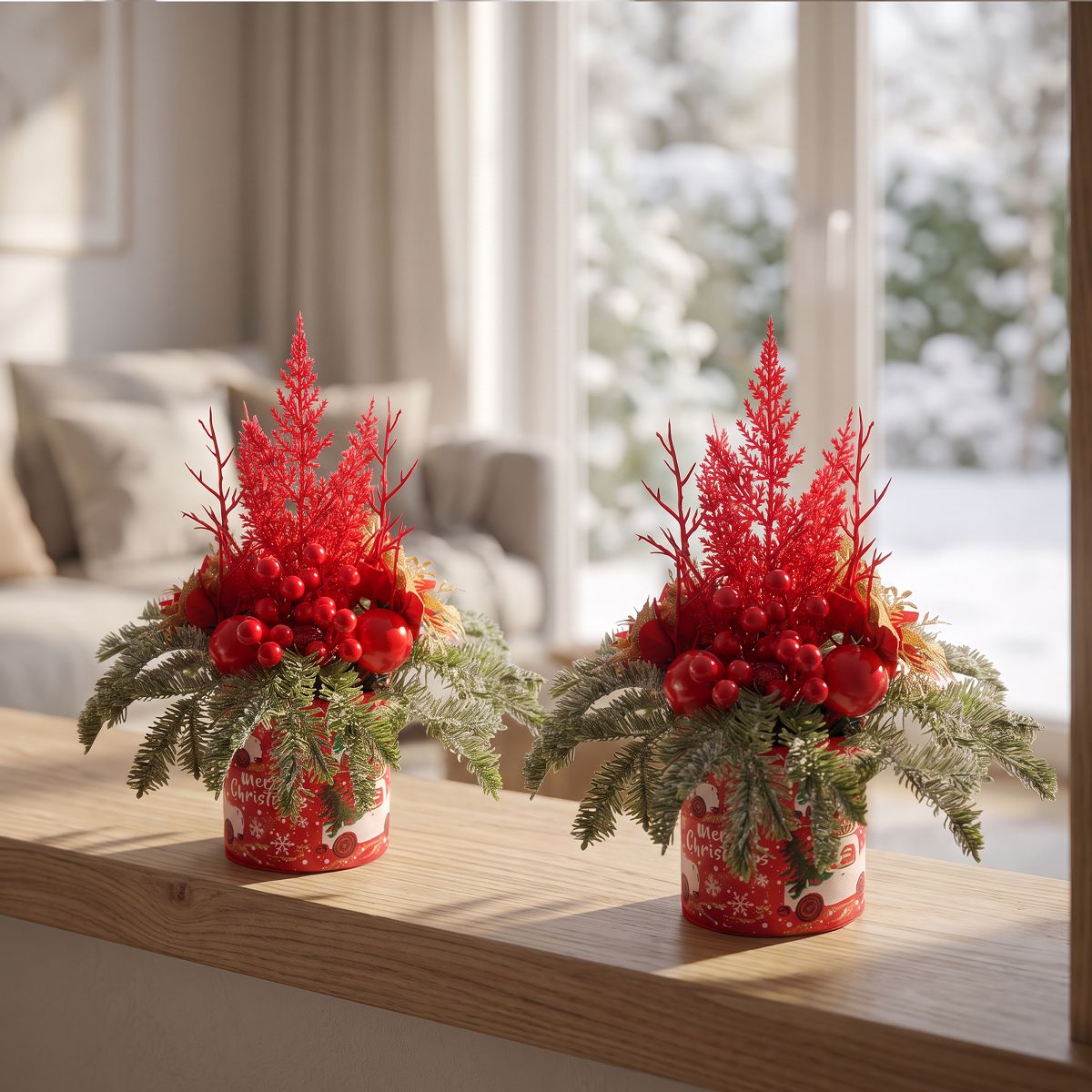 Mini Christmas Trees for Tabletop, Pre-Decorated Artificial Christmas Tree with Red Berries Ornaments, Small Potted Xmas Tree Desk Table Decor, 2 Pcs