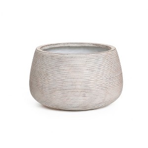 LuxenHome 17" Dia Round Concrete Planter Indoor Outdoor Large Plant Pot Handmade Rustic Distressed Ribbed Flower Pot for Home Garden Patio Off-White - 1 of 4