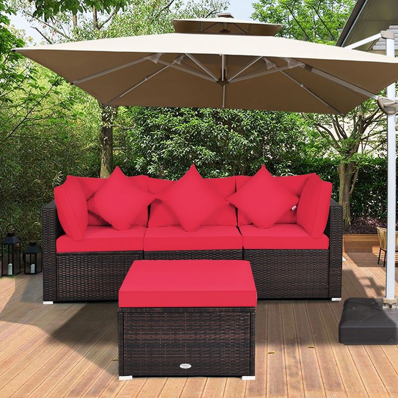 Costway 4PCS Patio Rattan Wicker Furniture Set Cushioned Sofa Ottoman Garden Turquoise\Red, 2 of 11