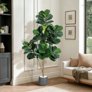 Fiddle Leaf Fig Tree Artificial with 48 Leaves - Realistic Faux Ficus Lyrata Trees in 7.8" Grey Planter Pot - 1 of 4