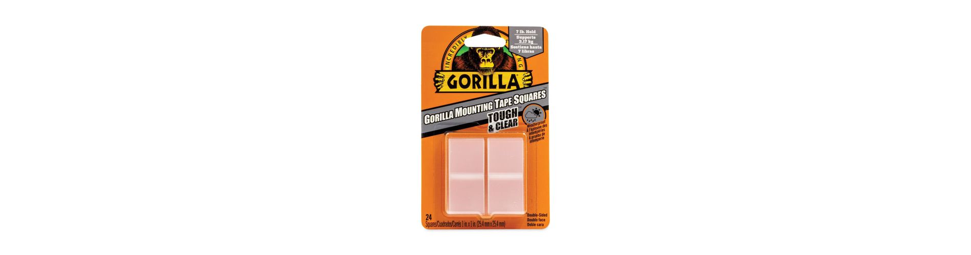 Gorilla Tough and Clear Double-Sided Mounting Tape, Holds Up to 0.58 lb per Pair (Up to 7 lb per 24), 1" x 1", Clear, 24/Pack