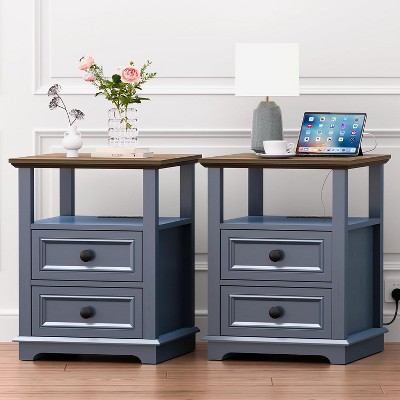 Dyonery Farmhouse Nightstand 18" Blue End Table 2-piece with Charging Station 2 Drawers Storage Open Shelf, for Bedroom, Living Room, White