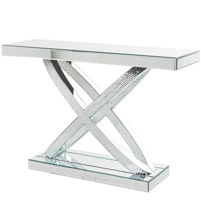 Olivia & May Glass Geometric X Shaped Mirrored Console Table with Crystal Embellishment Silver: No Assembly, Indoor Use, MDF