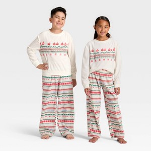 Kids' "Let it Snow" Fair Isle Microfleece Holiday Matching Family Pajama Pants - Wondershop™ Cream - 1 of 4