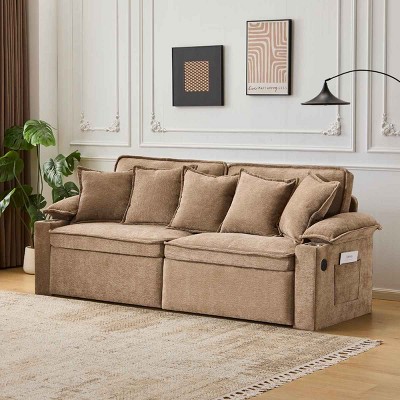 3-in-1 Convertible Sofa Bed with Hidden Storage, Tri-Mode Sofa with USB Charging and Cup Holders, Chenille Sofa with Metal Frame-Coolbibila