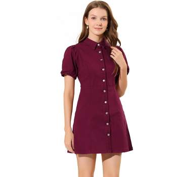 Allegra K Women's Puff Short Sleeve Collared Button Front Mini Denim Dress