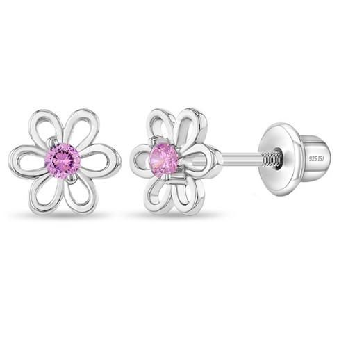 925 Sterling Silver Screw Back Pink Clear CZ Heart Dangle Earrings for Girls, Girl's, Size: One Size