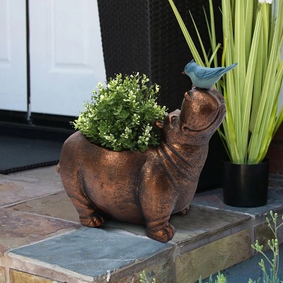 Brown Hippo and Blue Bird MGO Flower Pot Planter