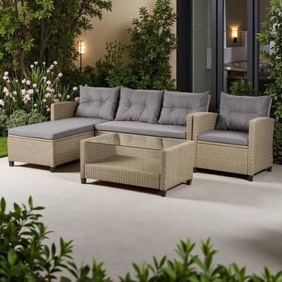4-Pieces Outdoor Rattan Sectional Sofa Set with Armchair and Tempered Glass Coffee Table