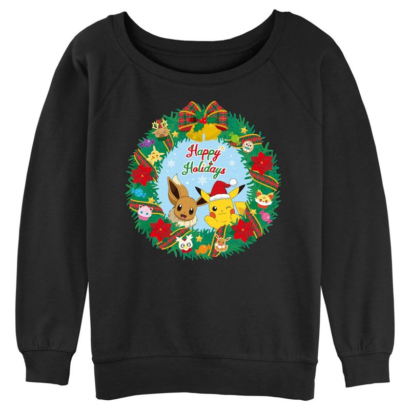 Juniors Womens Pokemon Pikachu and Eevee Happy Holidays Sweatshirt, 1 of 5
