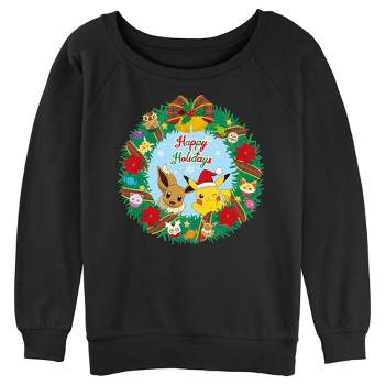 Juniors Womens Pokemon Pikachu and Eevee Happy Holidays Sweatshirt