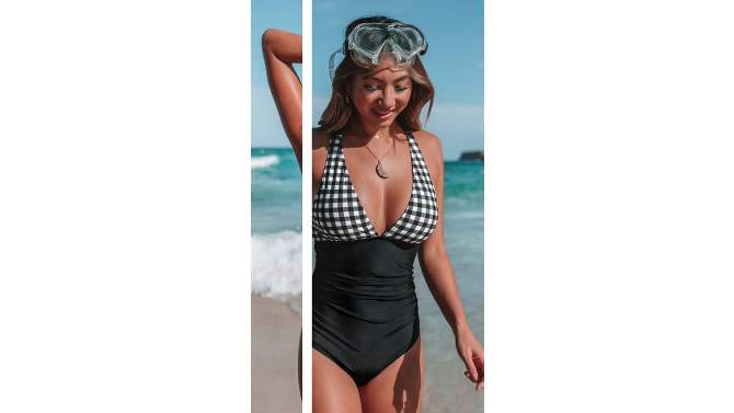 Women's Gingham One Piece Swimsuit Ruched Cross Back Vintage Swimwear Bathing Suits -Cupshe, 2 of 7, play video
