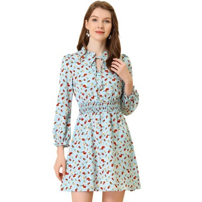 INSPIRE CHIC Women's Smocked Waist Tie Neck Floral Long Sleeve Dress