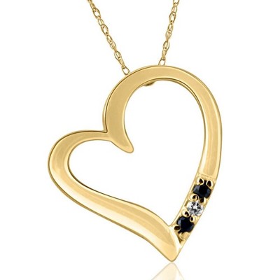 Pompeii3 Diamond & Blue Sapphire Heart Pendant 3-Stone Yellow Gold with 18" Chain