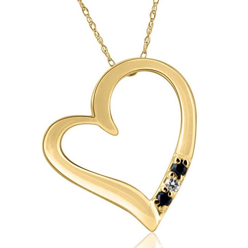 Pompeii3 Diamond & Blue Sapphire Heart Pendant 3-Stone Yellow Gold with 18" Chain, 1 of 4