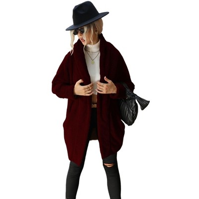 Coolmee Women's Long Cardigans Lapel Collar Open Front Fuzzy Fleece Coats Faux Fur Solid Loose Fit Warm Winter Outwear Jackets L Jujube Red