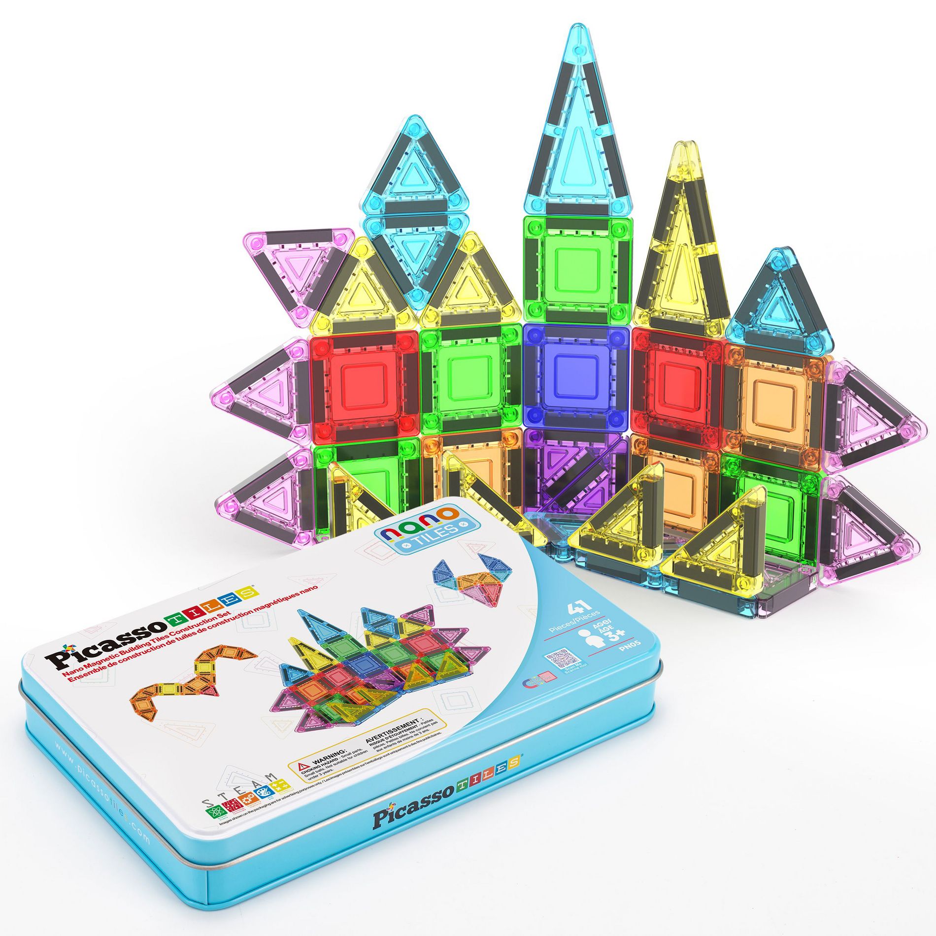 PICASSO-TILES Mini Magnetic Tiles for Kids with Storage Case, STEM Educational Nano Building Blocks Toy for Kids, 41PCS