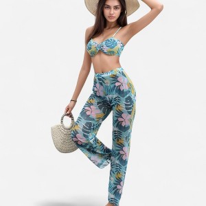 Anna-Kaci Swim Women's Tropical Leaf Print 3 Piece Swimsuit Set Bikini Top High Waist Bottom Sheer Wide Leg Pants - 1 of 4