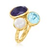Ross-Simons 8mm Cultured Pearl, 6.50 Carat Sapphire and 3.80 Carat Sky Blue Topaz Ring in 18kt Gold Over Sterling - 3 of 4