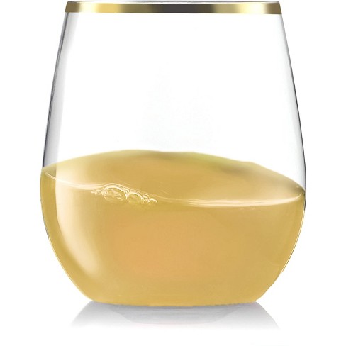Visions 12 oz. Heavy Weight Clear Plastic Stemless Wine Glass with Gold Rim  - 16/Pack