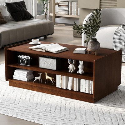 ALEXOUN 47.2" Rectangle Coffee Table with 4 Drawers and 2 Display Shelves,Wood Coffee Table with Fluted and Tempered Glass,for Living Room