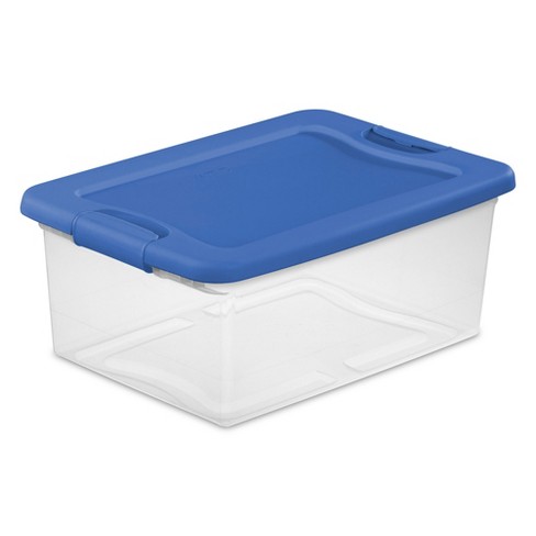 Sterilite 15 Qt Latching Storage Box, Stackable Bin With Latch Lid, Plastic  Container To Organize Clothes In Closet, Clear With Blue Lid, 24-pack :  Target