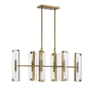 Warm Brass 12-Light Linear Chandelier with Clear Glass Shades