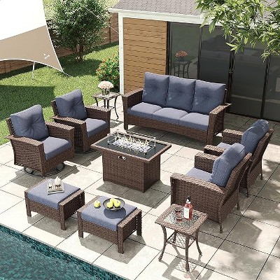 LayinSun Wicker Patio Furniture Set with Fire Pit Table, Classis Outdoor Conversation 360 Degree Swivel Chairs Set with Coffee Table