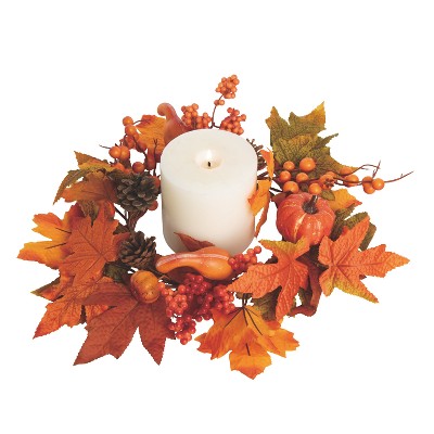 Transpac Fabric 14 in. Orange Harvest Maple Leaf and Berry Candle Ring