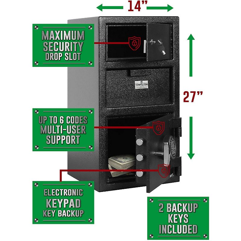 Templeton Safes Standard Depository Drop Safe & Lock Box, Electronic Multi-User Keypad Lock with Key Backup, Anti Fishing Security, 1.5 CBF Black, 3 of 5