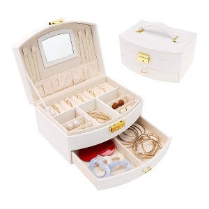 Unique Bargains 2 Layer PU Leather Storage Display Holder Jewelry Box with Mirror and Removable Jewelry Tray - 1 of 4
