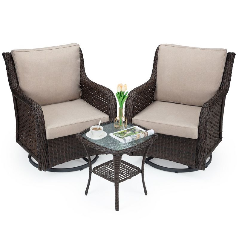 Whizmax Swivel Rocker Patio Chairs Set of 2 and Matching Side Table - 3 Piece Wicker Patio Bistro Set with Premium Fabric Cushions Outdoor Furniture, 1 of 9