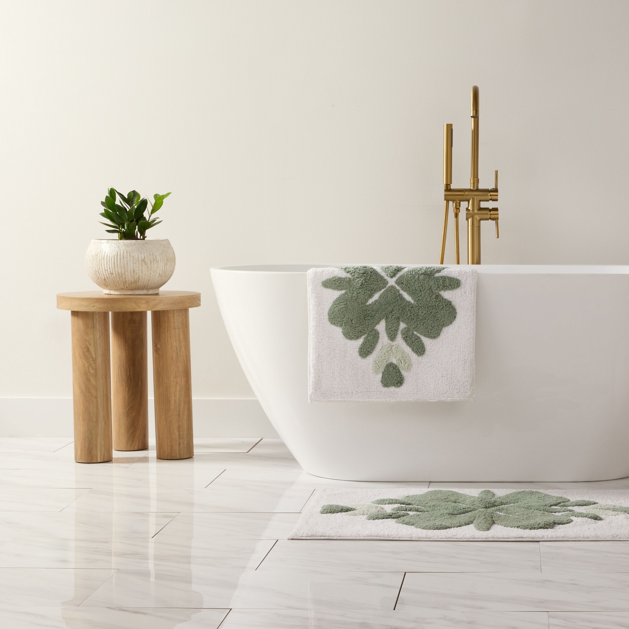 Floral and Geo Patterns Cotton Bath Mat, Tufted Bath Rug, Absorbent Non Slip Bathroom Rug, Washable - Becky Cameron, Flower Sage, 34" x 21"