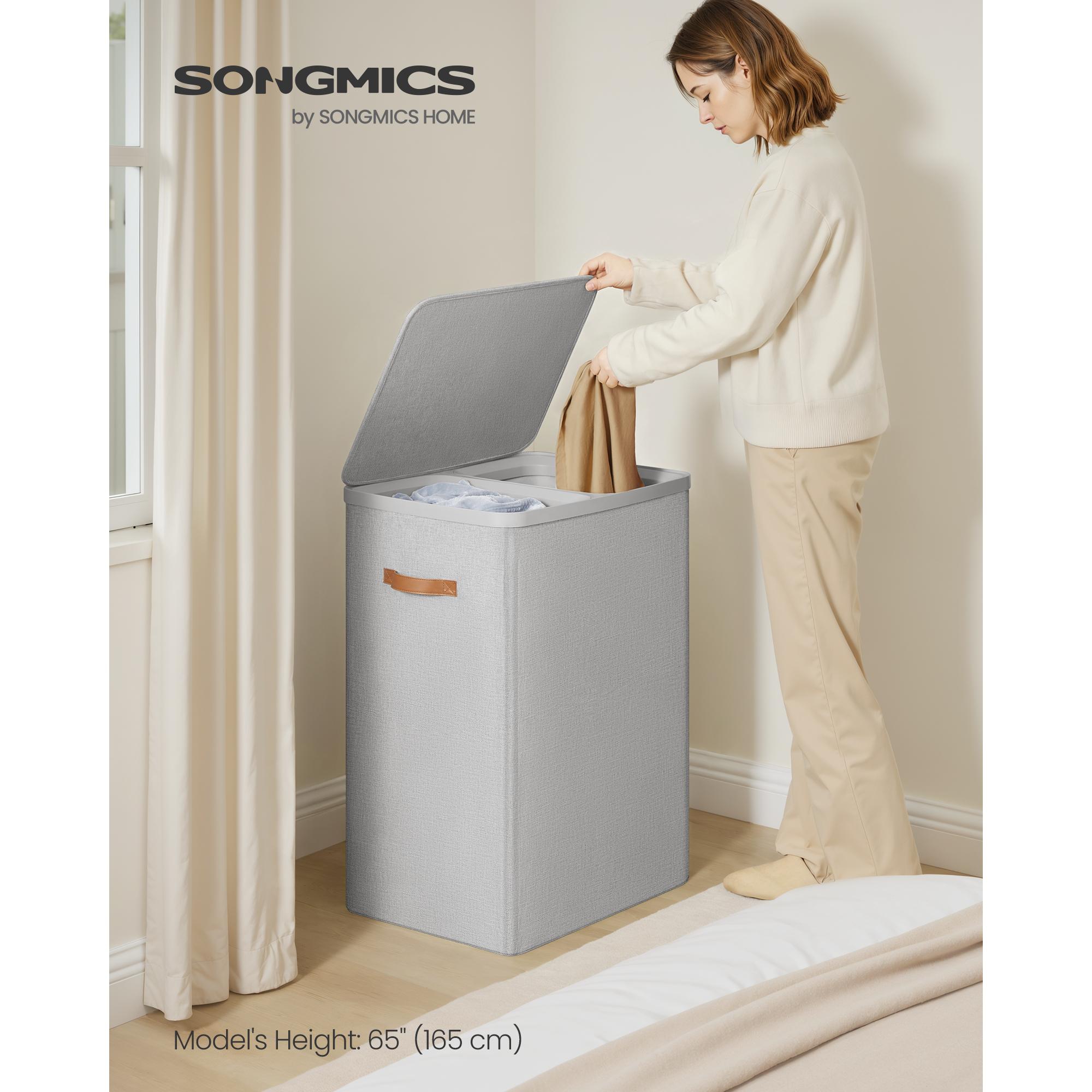 44.9 Gal Large Laundry Hamper with Lid, 2 Compartment Dirty Clothes Basket, Removable Inner Bags & Handles, 22x15.7x29.5 Inches, Dove Gray