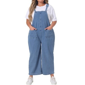 Agnes Orinda Women's Plus Size Denim Bib Classic Adjustable Straps Pockets Jean Jumpsuits - 1 of 4