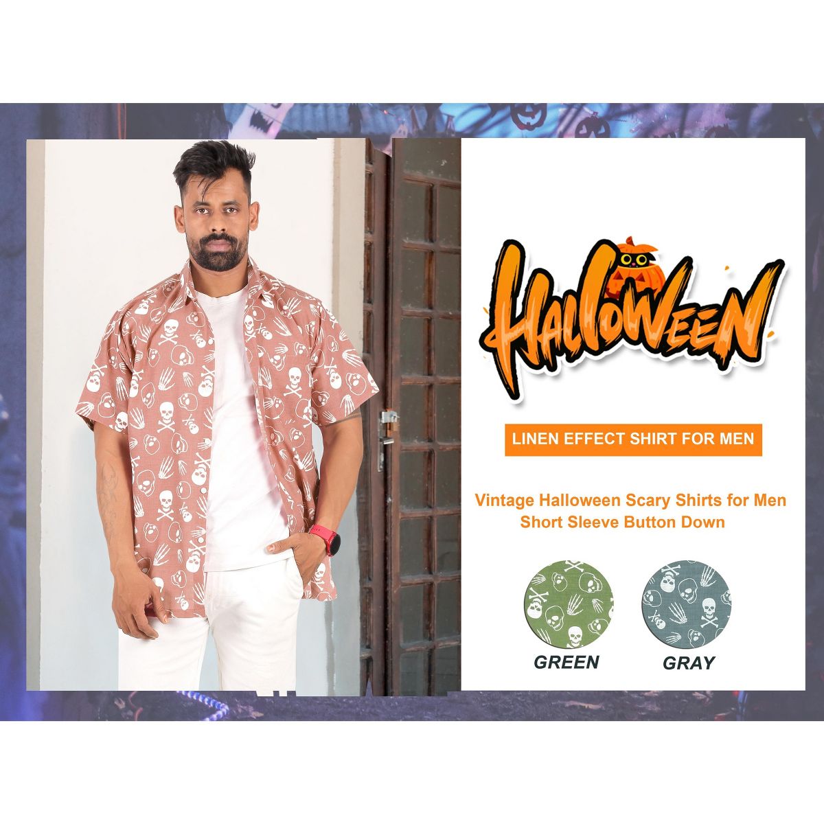 HAPPY BAY Mens Hawaiian Short Sleeve Button Down Shirt Men's Halloween Costumes Shirt Linen Effect Beach Shirts for Men XXL Red, Skull - thumbnail 6