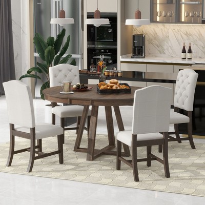 5 PCS Extendable Wood Dining Table Set with Round Table and 4 Upholstered  Chairs, Natural Wood Wash-ModernLuxe