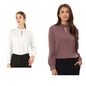 INSPIRE CHIC Women's Office Keyhole Elegant Stand Collar Long Sleeve Button Blouse 2 Packs - 1 of 4