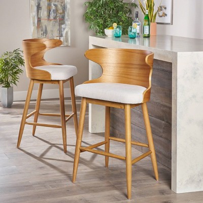 Light Beige Upholstered Wood Mid-Century Modern Barstools, Set of 2