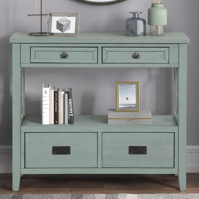 36 Inch Farmhouse Console Table, Farmhouse Entry Table with 4 Drawers, Solid Wood Sofa Table with Shelves
