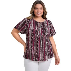GRACE & GRANDEUR Women's Plus Size Boho Floral Print Drawstring Collar Ruffle Sleeve Gathered Ties Babydoll Blouses - 1 of 4
