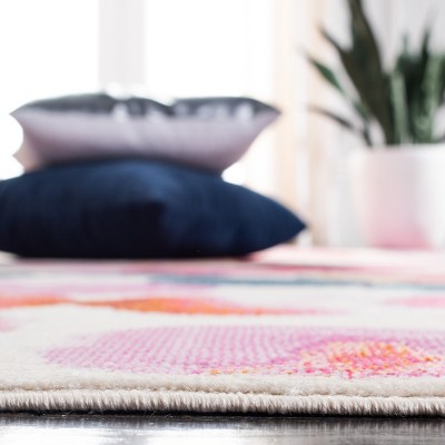 Light Blue and Pink Floral Synthetic Stain-Resistant Area Rug