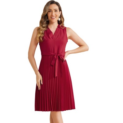 Allegra K Women's Sleeveless V Neck Tie Waist A-line Midi Pleated Dresses