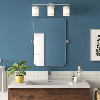 ANDY STAR 20 Inch Tall by 30 Inch Wide Rectangular Tilting Modern Floating Vanity Mirror with Rounded Edges and Adjustable Wall Mounts, Brushed Nickel